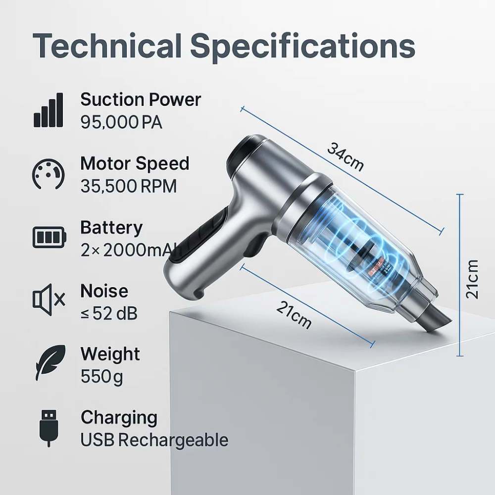 Lisslune | Car Vacuum Cleaner - Powerful and Compact Car Vac for Quick Cleaning