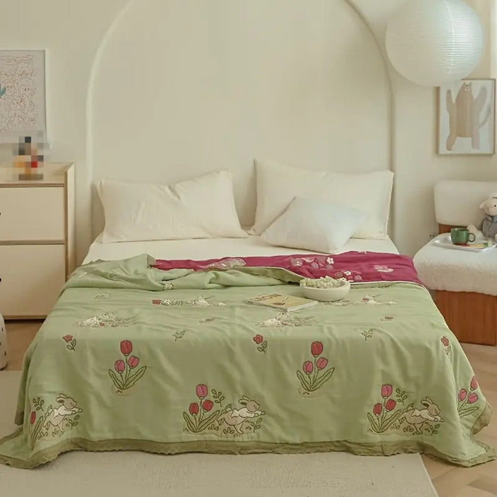 Lisslune | Embroidered Bunny Floral Cotton Blanket