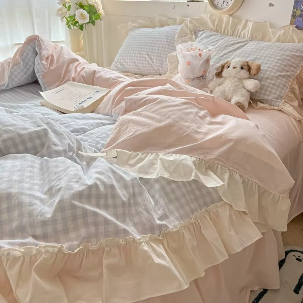 Lisslune | Gingham Check Ruffled Edges Bedding Set