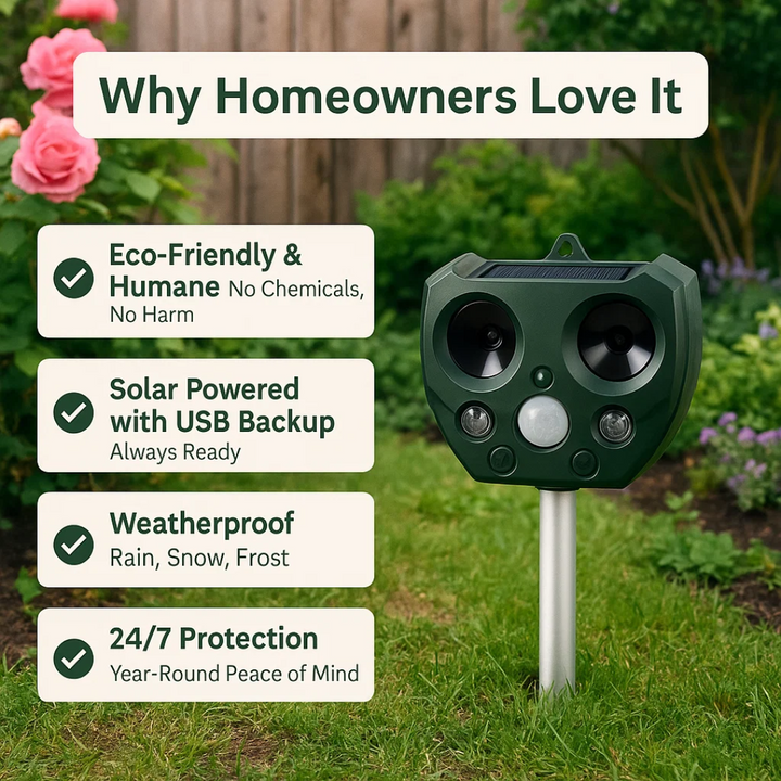 Lisslune | Ultrasonic Bird & Pest Defender | Weatherproof, Solar-Powered & Effective for Garden Protection