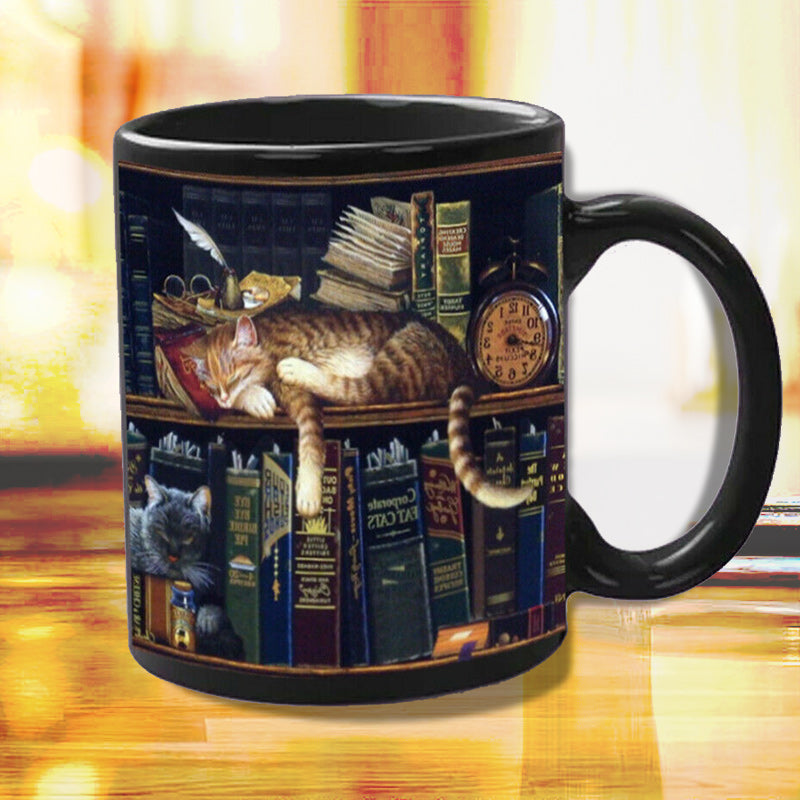 Lisslune | Bookshelf Ceramic Coffee Mug - Gift for Cat Book Lovers
