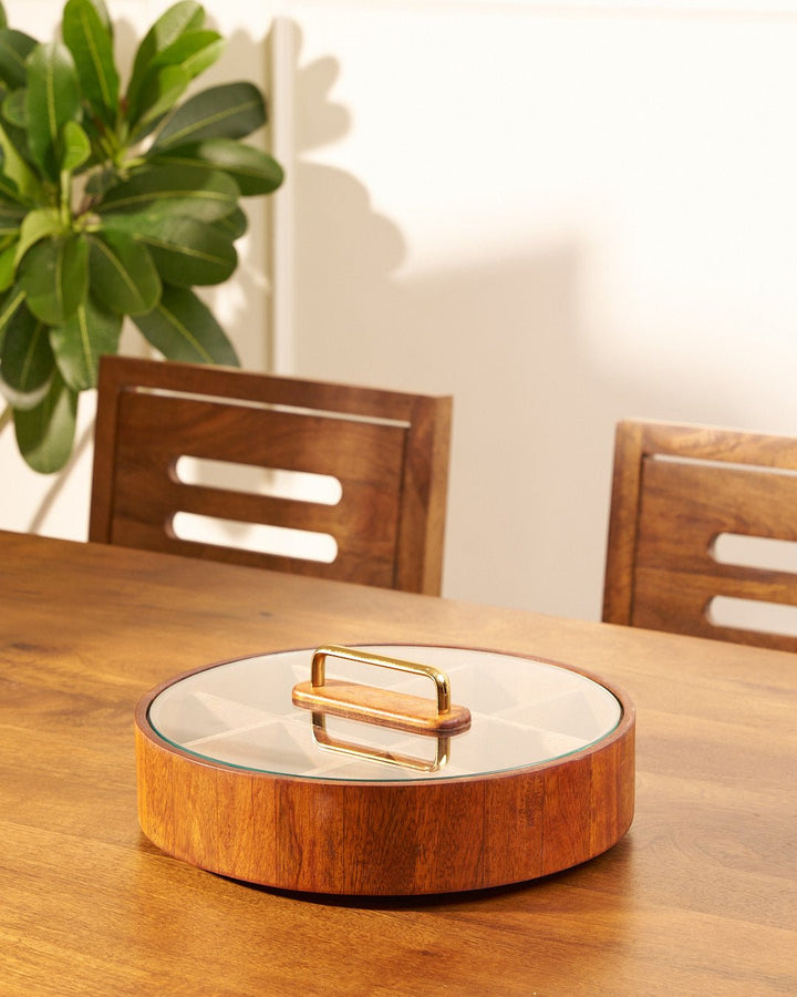 Lisslune | BambooSpin – 9-Compartment Serving Tray with Rotating Lid | Premium Bamboo Snack Platter