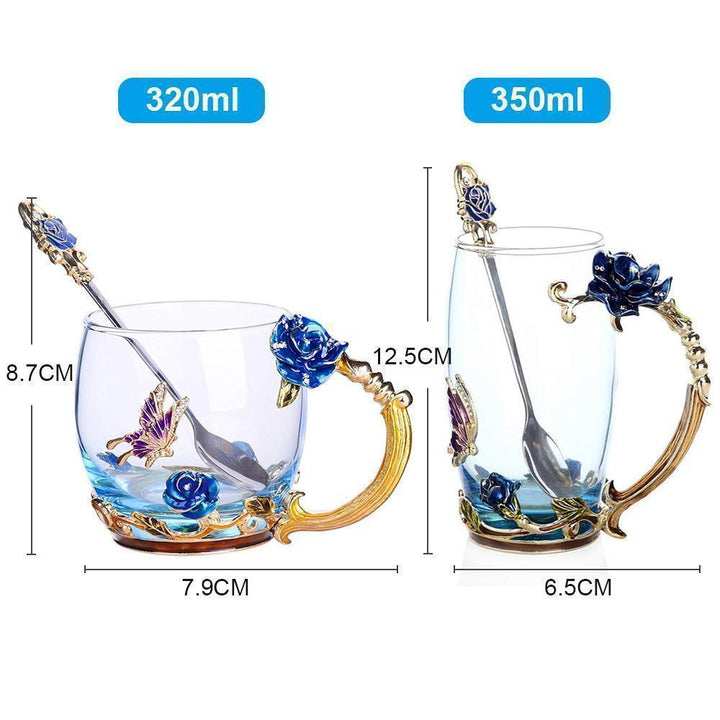 Lisslune | Enamel Rose Glass Tea Cup Set (With Spoon)