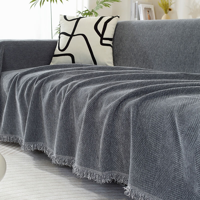 Lisslune | Chenille Blanket Herringbone Tassel Sofa Cover