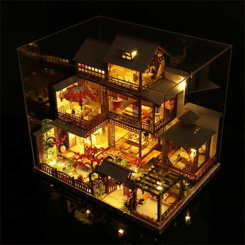 Lisslune | Large Realistic Wooden Dollhouse with LED Lights | DIY Miniature Playhouse