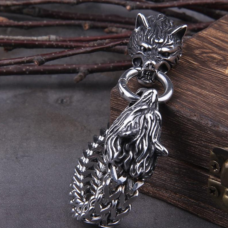 Lisslune | Viking Stainless Steel Double Wolf Head Fenrir Bracelet