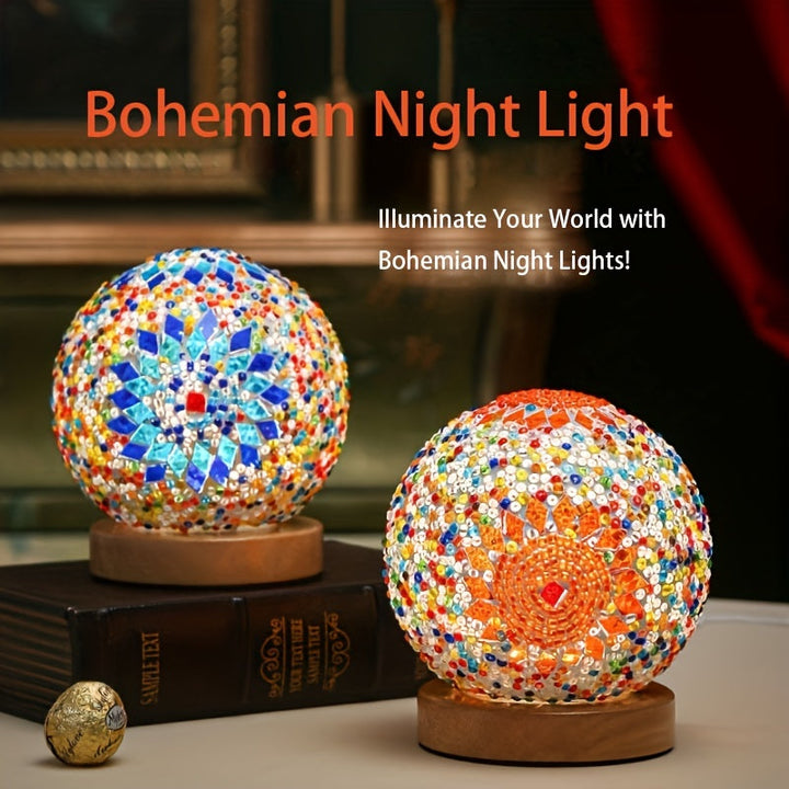 Lisslune | Mosaic glass ball table lamp with wooden base - Turkish Moroccan inspired