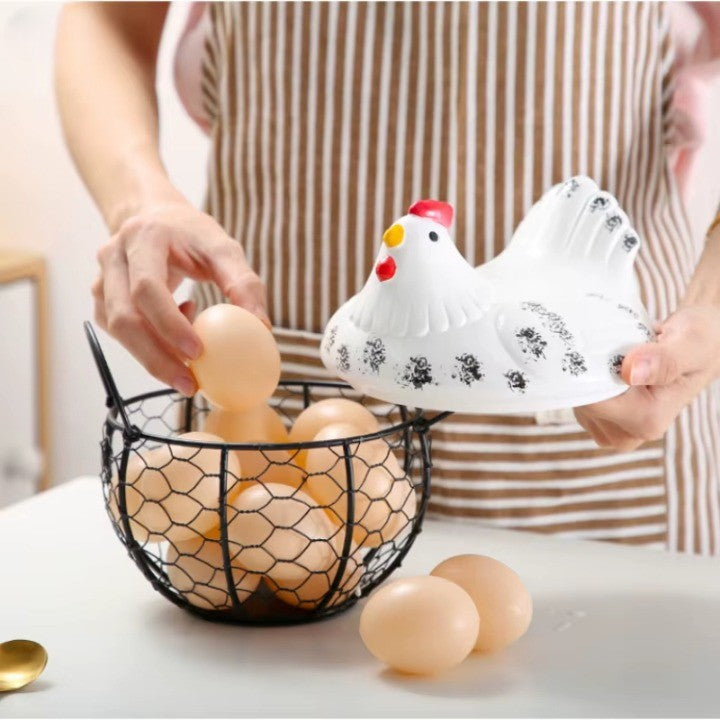 Lisslune | Ceramic Egg Holder Chicken with Wire Basket