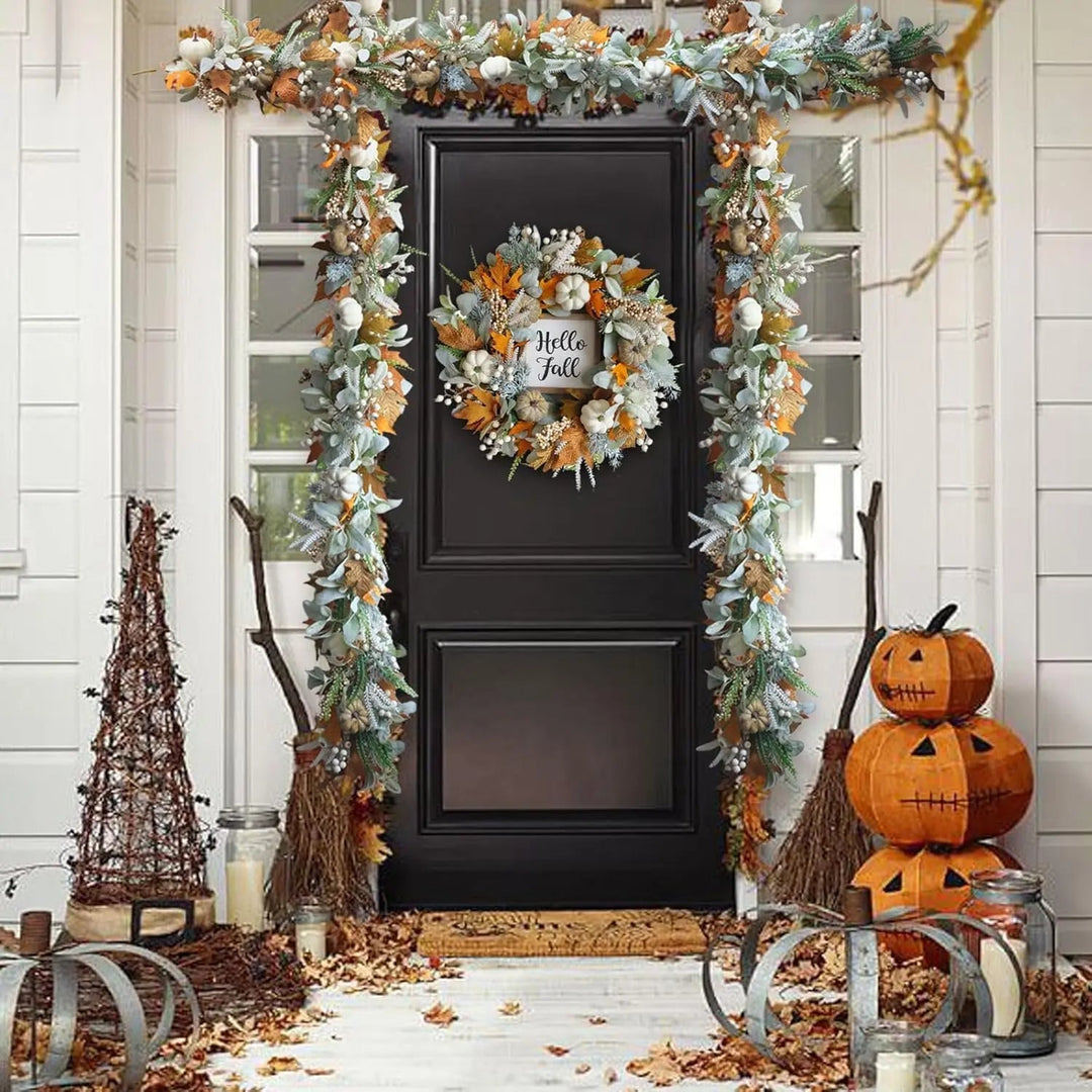 Lisslune | Halloween Autumn Wreath – Handmade Door Wreath with Pumpkins and Eucalyptus