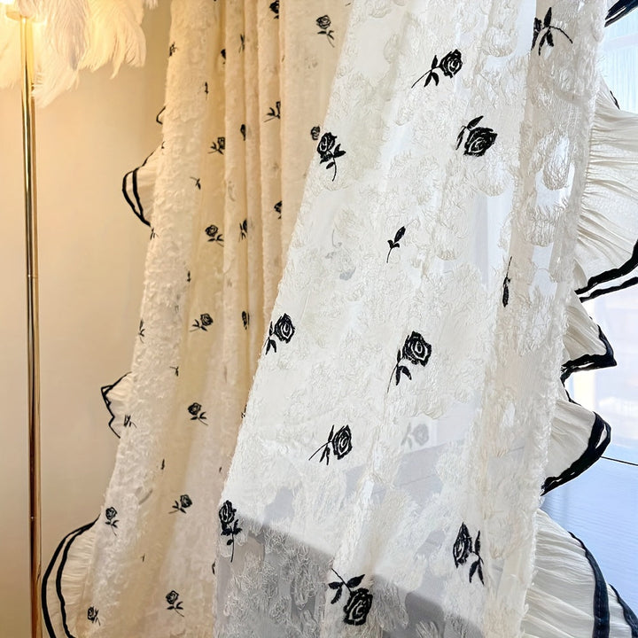Rynx | Elegant French Romantic Rose Embroidered Curtains - 2 Piece Set, Beige & Cream Ruffle Design for Living Room and Bedroom, Light Filtering Rod Pocket Curtains