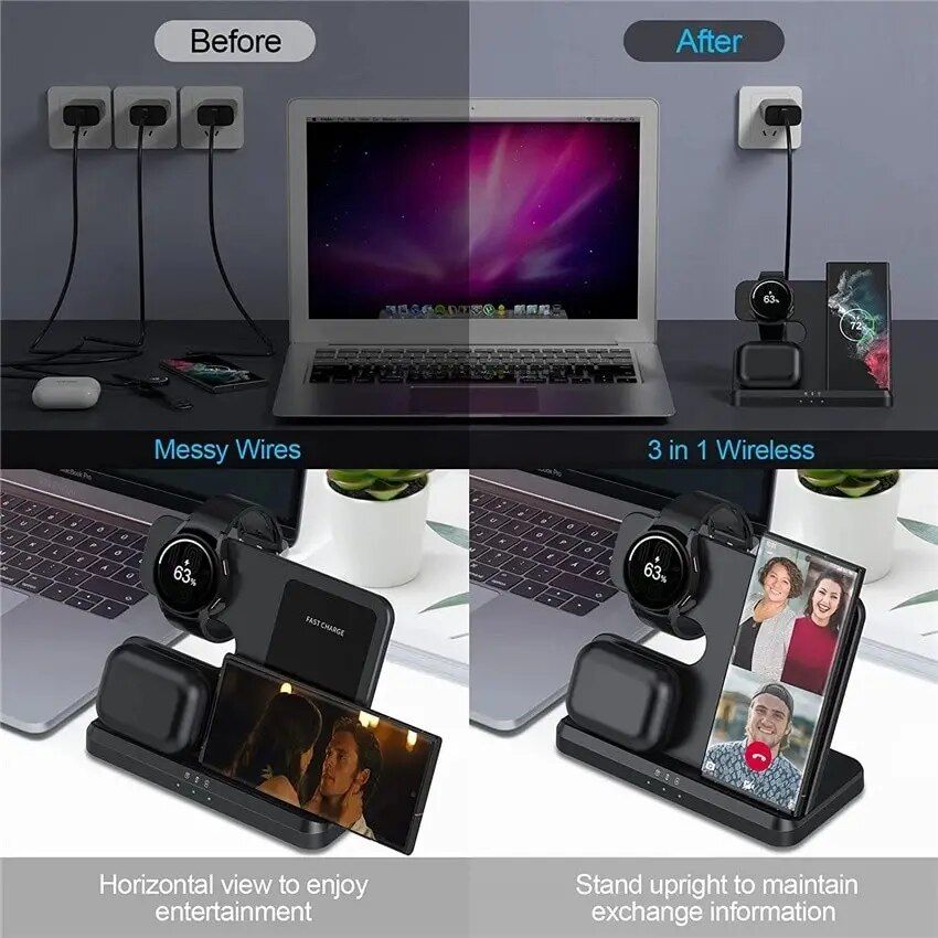 Lisslune | 3-in-1 Wireless Charger Stand for Samsung S22, S21, S20, S10 Ultra; Note series; Galaxy Watch 5, 4; Active Buds 15W