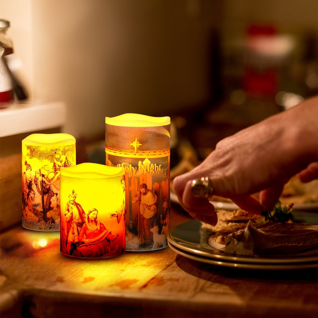 Lisslune | Flameless LED Christmas Candles – 3pcs Battery-Powered Holy Night Lights Candle with Timer Featuring Nativity Scene for Warm Holiday Home Ambience