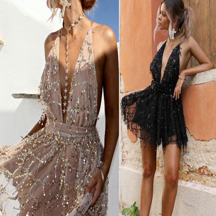 Women's glamorous evening dress with sparkling appliqués and deep V-neck