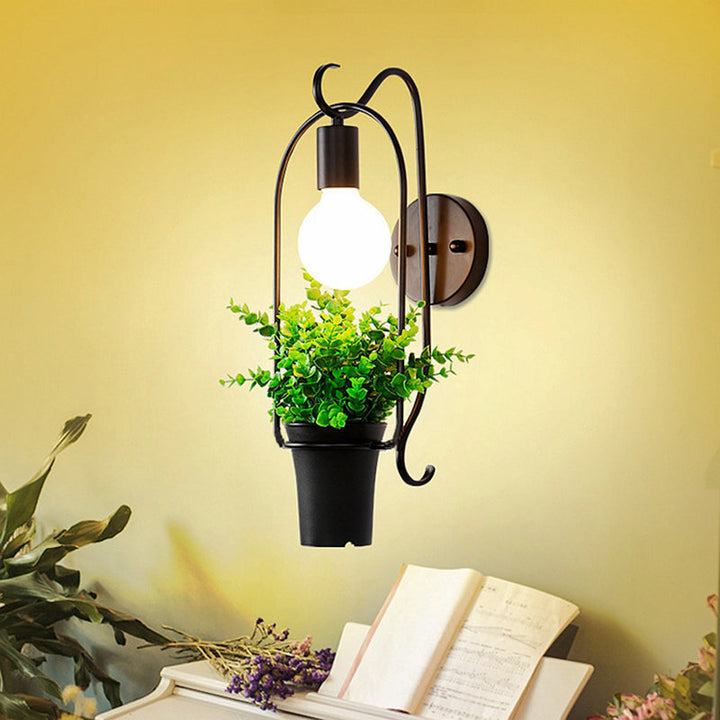 Lisslune | Potted Plant Restaurant Wall Lamp Industrial Metal 1 Bulb Black LED Wall Lighting
