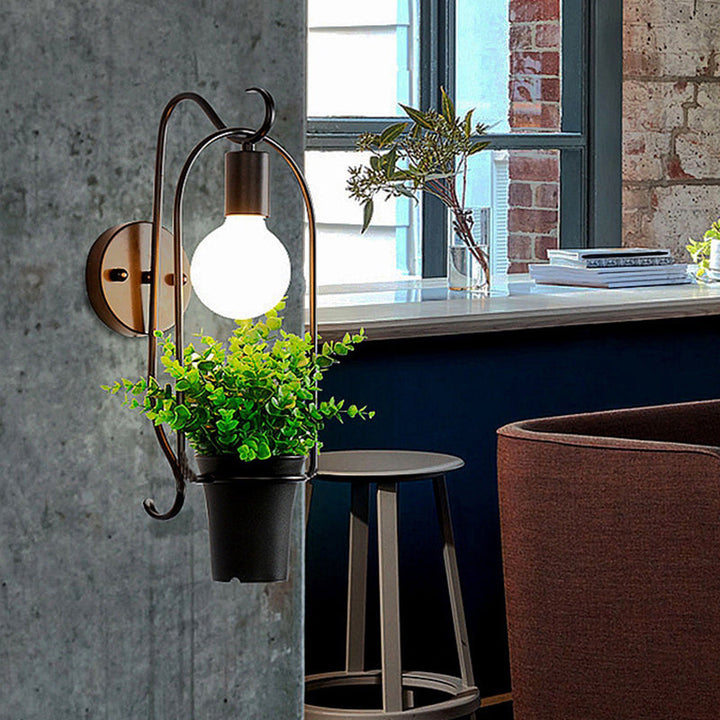 Lisslune | Potted Plant Restaurant Wall Lamp Industrial Metal 1 Bulb Black LED Wall Lighting