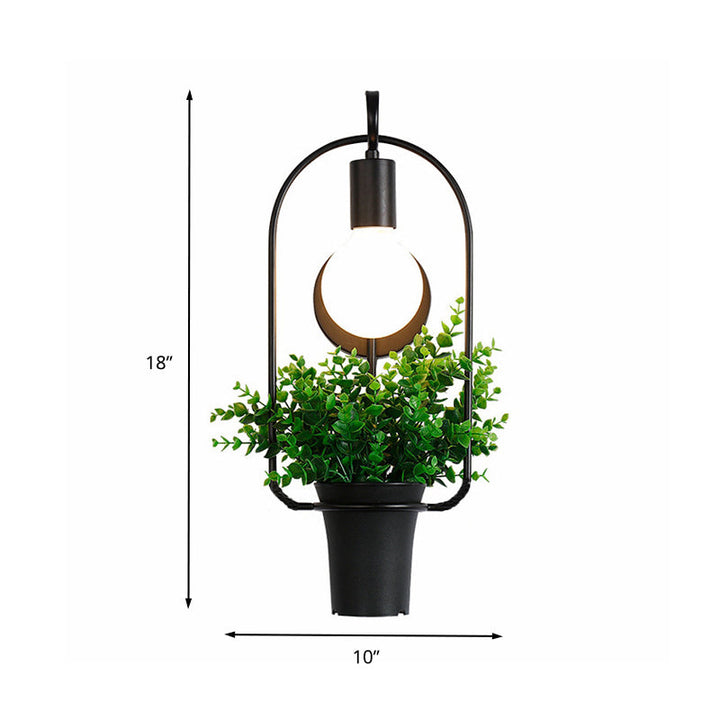 Lisslune | Potted Plant Restaurant Wall Lamp Industrial Metal 1 Bulb Black LED Wall Lighting