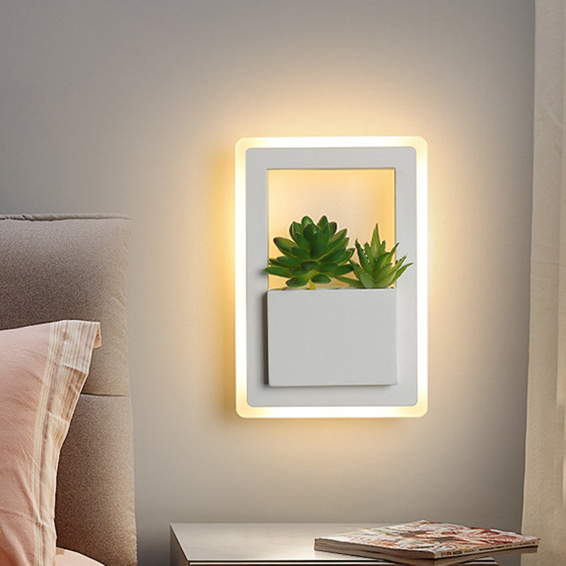 Lisslune | White LED Wall Lighting Minimalist Acrylic Rectangles Wall Lamp with Plant Decoration for Bedroom, Warm/White Light