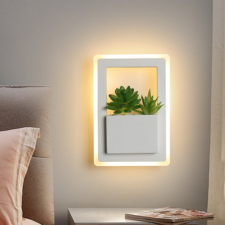 Lisslune | White LED Wall Lighting Minimalist Acrylic Rectangles Wall Lamp with Plant Decoration for Bedroom, Warm/White Light
