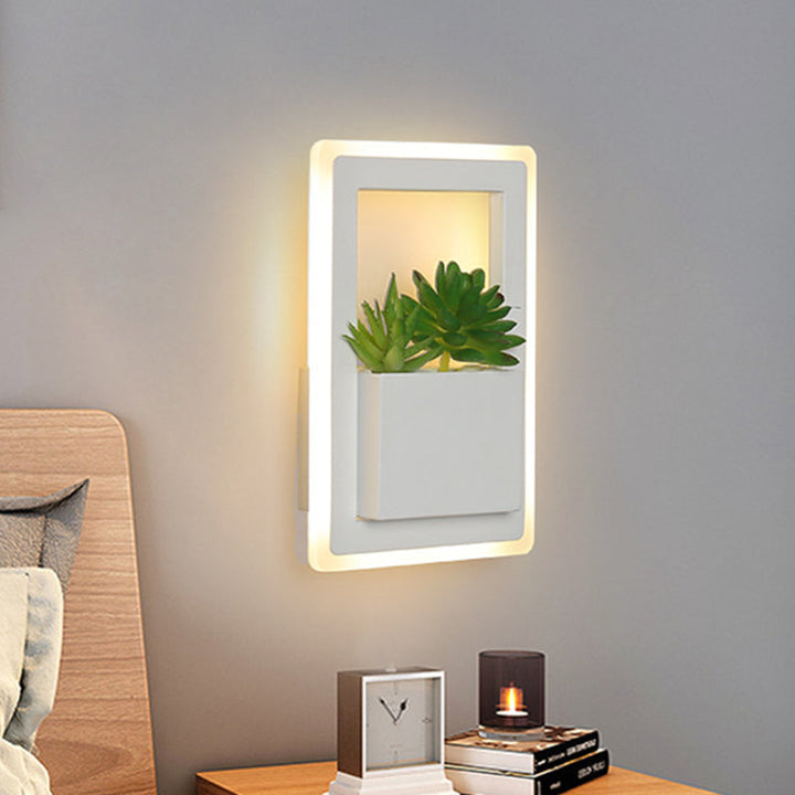 Lisslune | White LED Wall Lighting Minimalist Acrylic Rectangles Wall Lamp with Plant Decoration for Bedroom, Warm/White Light