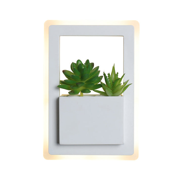 Lisslune | White LED Wall Lighting Minimalist Acrylic Rectangles Wall Lamp with Plant Decoration for Bedroom, Warm/White Light