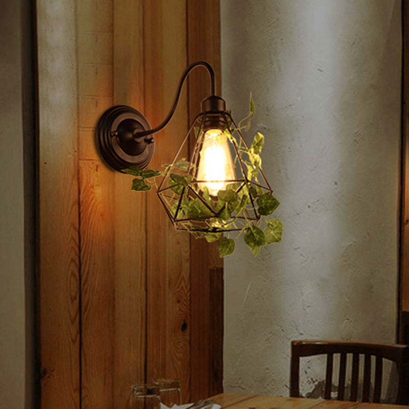 Lisslune | 1 Light Wall Lighting Fixture Industrial Diamond / Globe / Square Metal LED Wall Lamp Sconces in Black with Plants