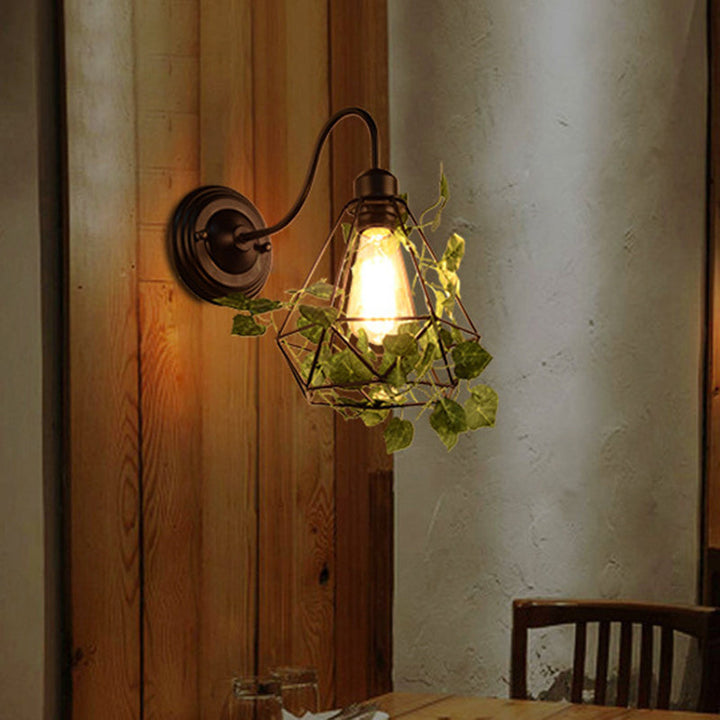 Lisslune | 1 Light Wall Lighting Fixture Industrial Diamond / Globe / Square Metal LED Wall Lamp Sconces in Black with Plants