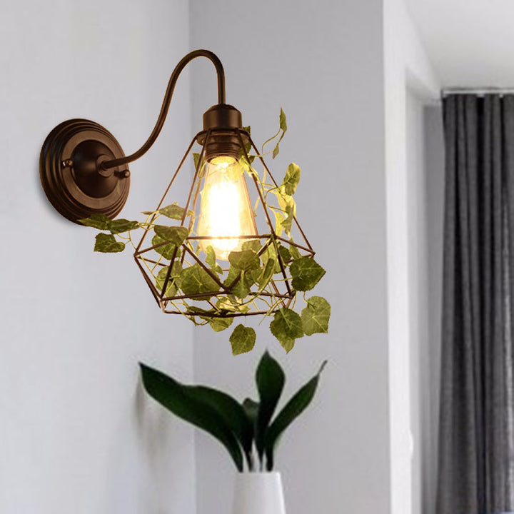 Lisslune | 1 Light Wall Lighting Fixture Industrial Diamond / Globe / Square Metal LED Wall Lamp Sconces in Black with Plants