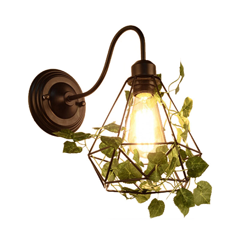 Lisslune | 1 Light Wall Lighting Fixture Industrial Diamond / Globe / Square Metal LED Wall Lamp Sconces in Black with Plants