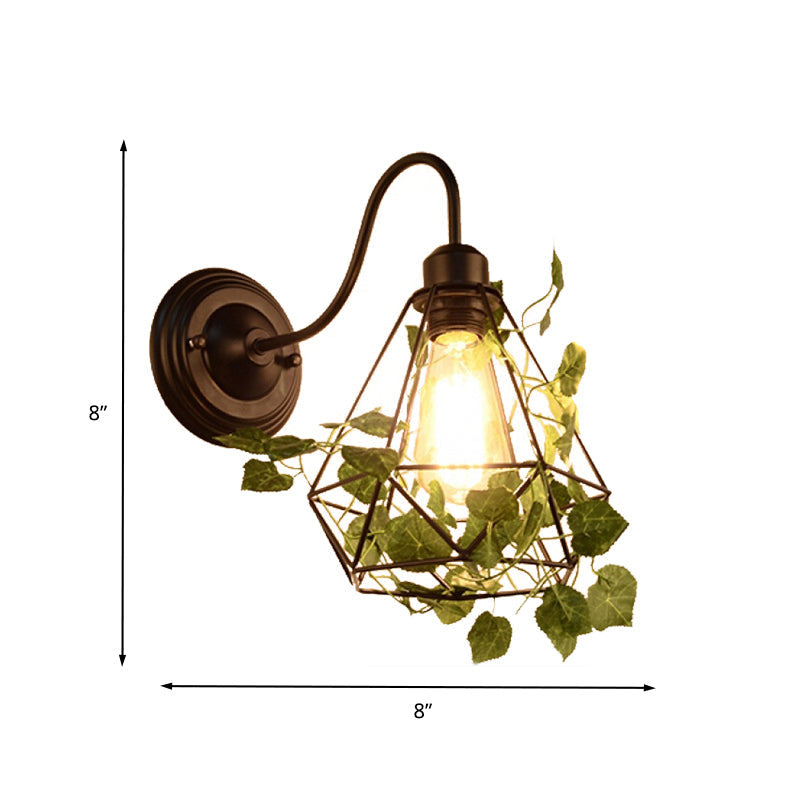 Lisslune | 1 Light Wall Lighting Fixture Industrial Diamond / Globe / Square Metal LED Wall Lamp Sconces in Black with Plants