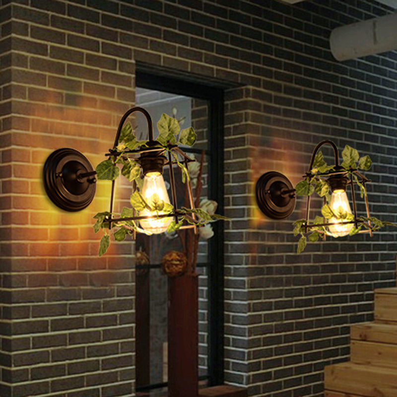 Lisslune | 1 Light Wall Lighting Fixture Industrial Diamond / Globe / Square Metal LED Wall Lamp Sconces in Black with Plants