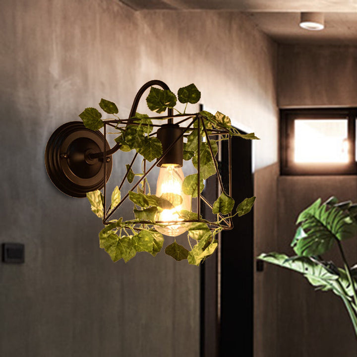 Lisslune | 1 Light Wall Lighting Fixture Industrial Diamond / Globe / Square Metal LED Wall Lamp Sconces in Black with Plants