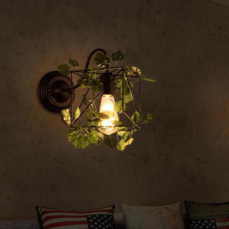 Lisslune | 1 Light Wall Lighting Fixture Industrial Diamond / Globe / Square Metal LED Wall Lamp Sconces in Black with Plants