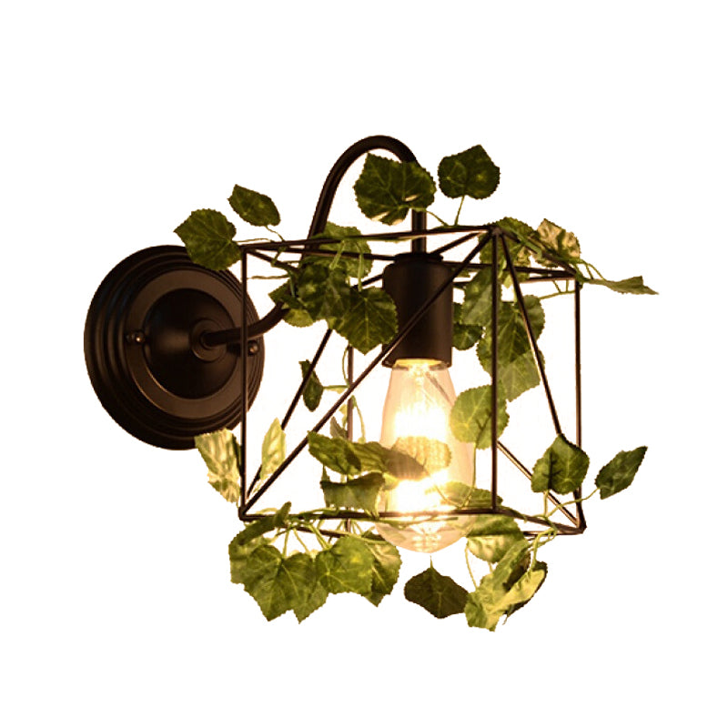 Lisslune | 1 Light Wall Lighting Fixture Industrial Diamond / Globe / Square Metal LED Wall Lamp Sconces in Black with Plants