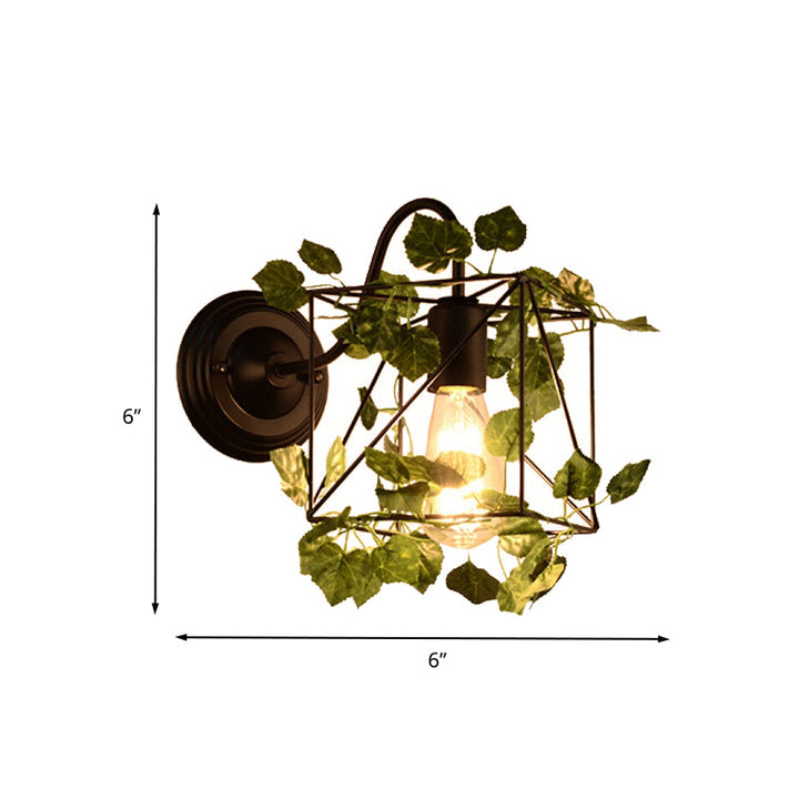 Lisslune | 1 Light Wall Lighting Fixture Industrial Diamond / Globe / Square Metal LED Wall Lamp Sconces in Black with Plants