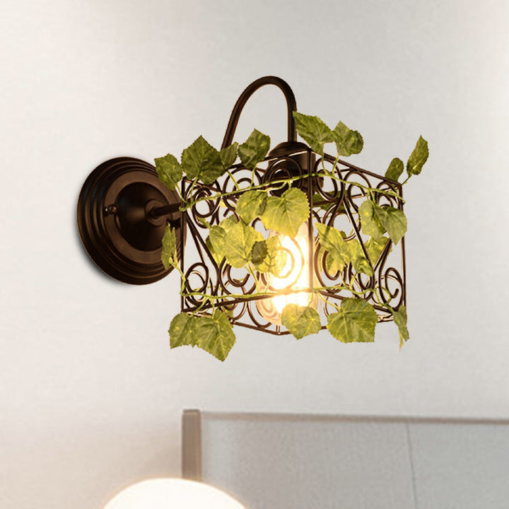 Lisslune | 1 Light Wall Lighting Fixture Industrial Diamond / Globe / Square Metal LED Wall Lamp Sconces in Black with Plants