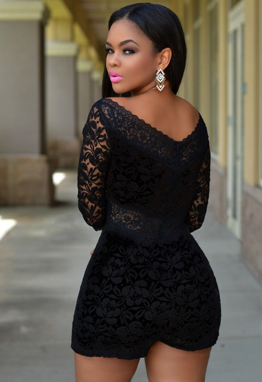 Ladies lace playsuit with off-shoulder design and elegant cut details