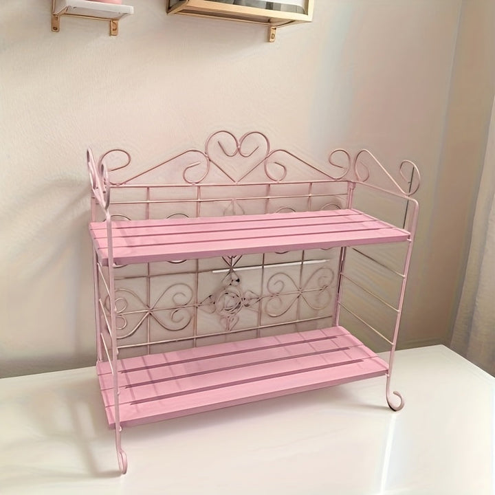 Lisslune | 1pc Pink 2-Tier Klappbarer Metall- und Holzlagerregal – Eleganter Thekenorganizer für Schlafzimmer, Küche, Bad, Wohnzimmer oder Gartendekor, Wohnzimmerlagerung, Nutzregale