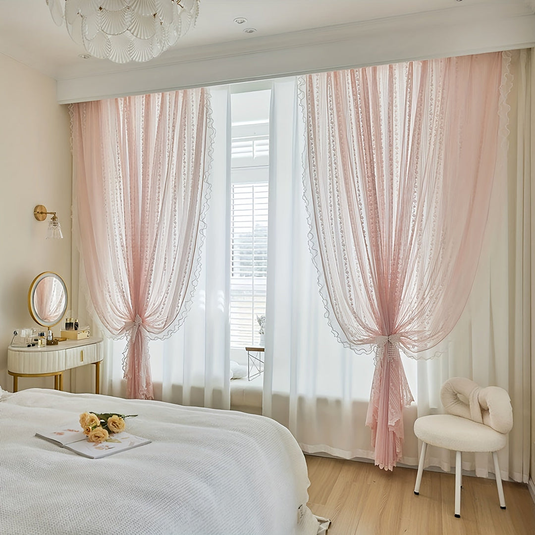 Rynx | 2pcs Pink Lace Ruffle Curtains] 2pcs Aifish Pink Lace Tulle Ruffle Curtains - Double Layer Beaded Voile with Curtain Rod Pocket, Romantic Window Decoration for Bedroom & Living Room, Polyester Fabric, Curtains for Bedroom