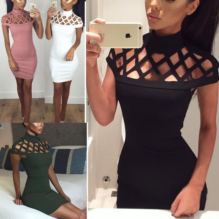 Ladies Figure-Hugging Mini Dress with Artistic Cut-Out Design and High Collar Lisslune
