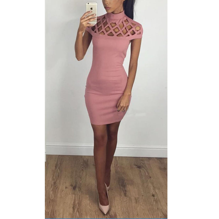 Ladies Figure-Hugging Mini Dress with Artistic Cut-Out Design and High Collar Lisslune