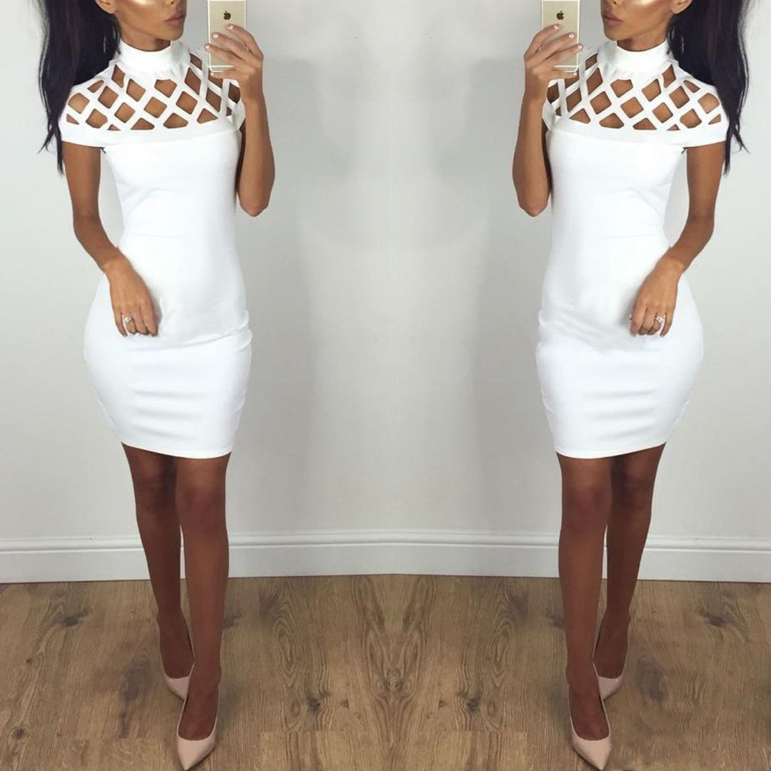 Ladies Figure-Hugging Mini Dress with Artistic Cut-Out Design and High Collar Lisslune