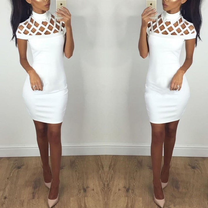 Ladies Figure-Hugging Mini Dress with Artistic Cut-Out Design and High Collar Lisslune