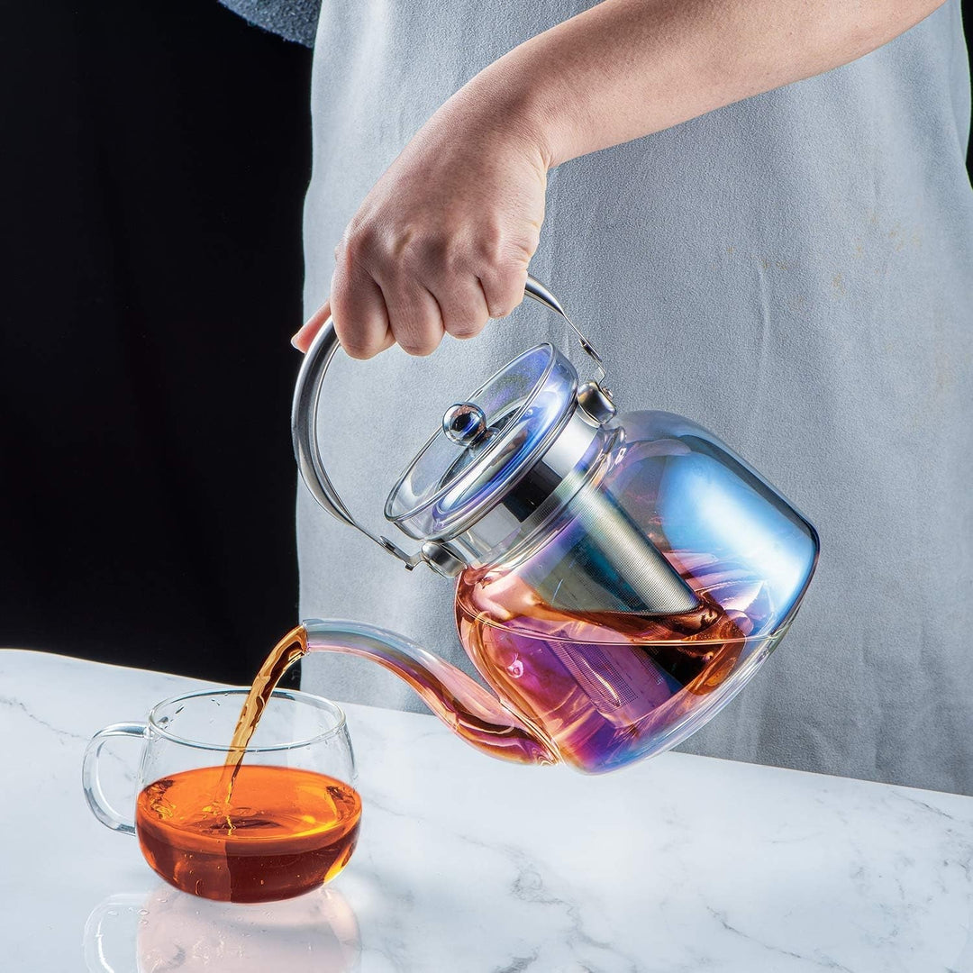 Lisslune | 50 Oz(1500Ml) Glass Teapot with Lid, Removable Stainless Steel Tea Strainer and Handle, Stovetop Safe Tea Maker for Blooming and Loose Leaf Tea (Iridescent)