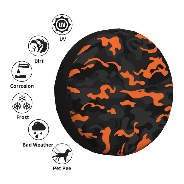 Lisslune | Rugged Camo Reserve Tire Cover – Black Orange Camouflage Wheel Protector for Off-Road Vehicles and Outdoor Vehicles