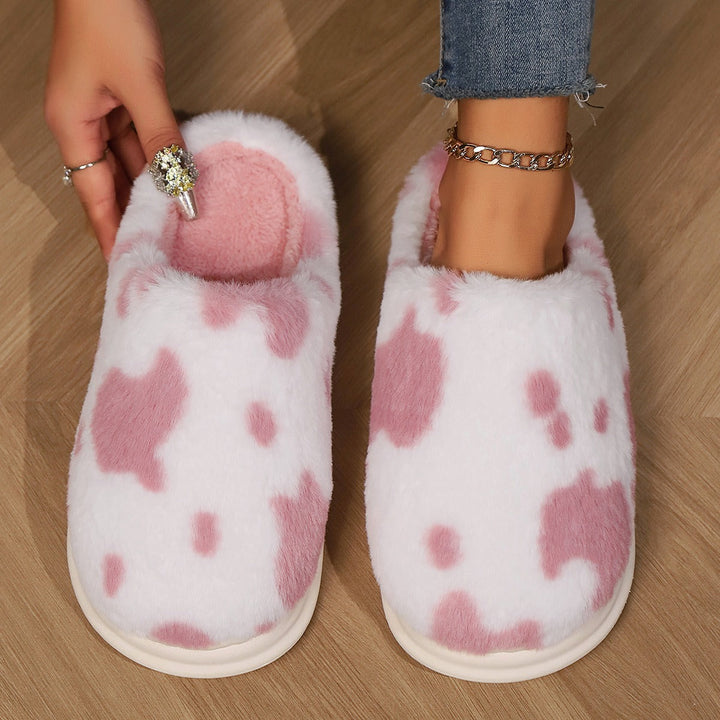 Lisslune | Shady Cow Print Plush Slippers for Couples - Cozy Anti-Slip Soft Home Shoes for Winter