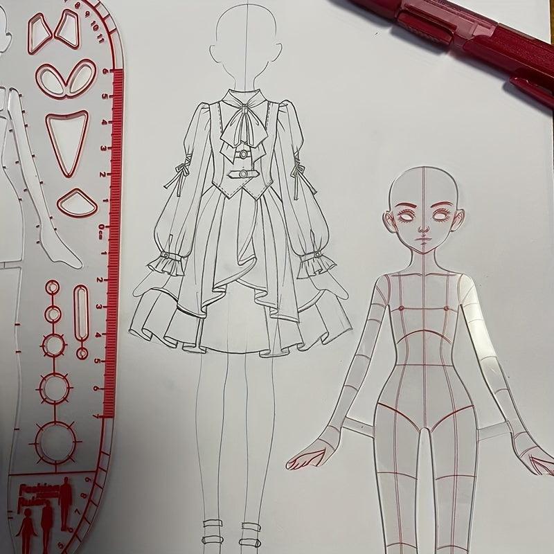Lisslune | Clear Fashion Illustration Ruler Set with Template for Dress Forms for Designing for Students and Sketching BJD Doll Outfits