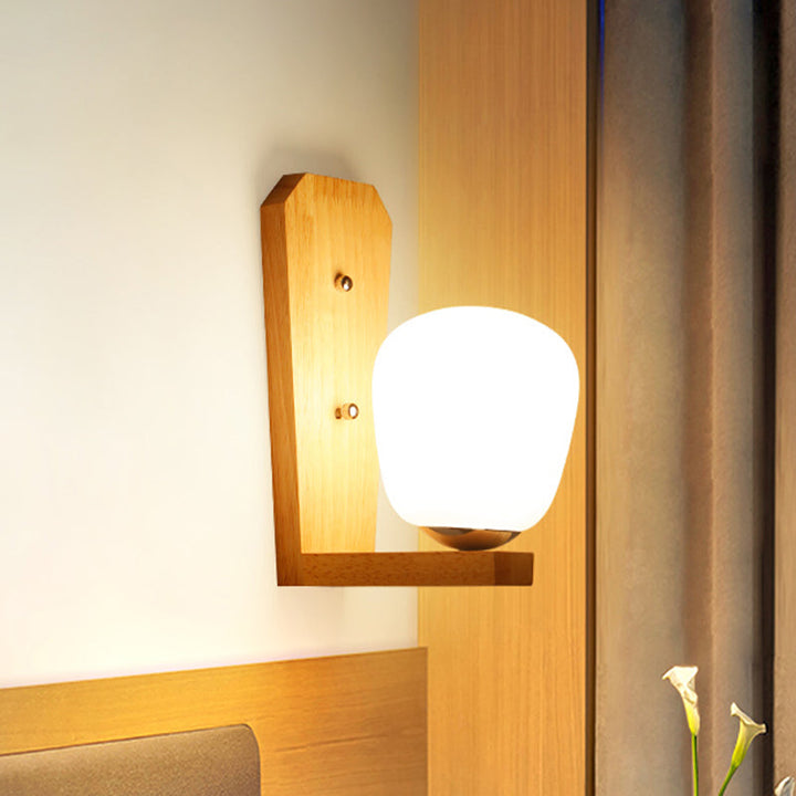 Lisslune | Milk Glass Mini Wall Mounted Lighting Nordic Style 1 Light Indoor Wall Light made of Wood for the Bedroom