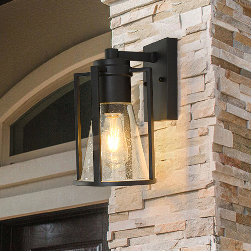Skørter | 1 Light Conical Wall Lamp Industrial Black Seeded Glass Wall Lamp with Metal Cage