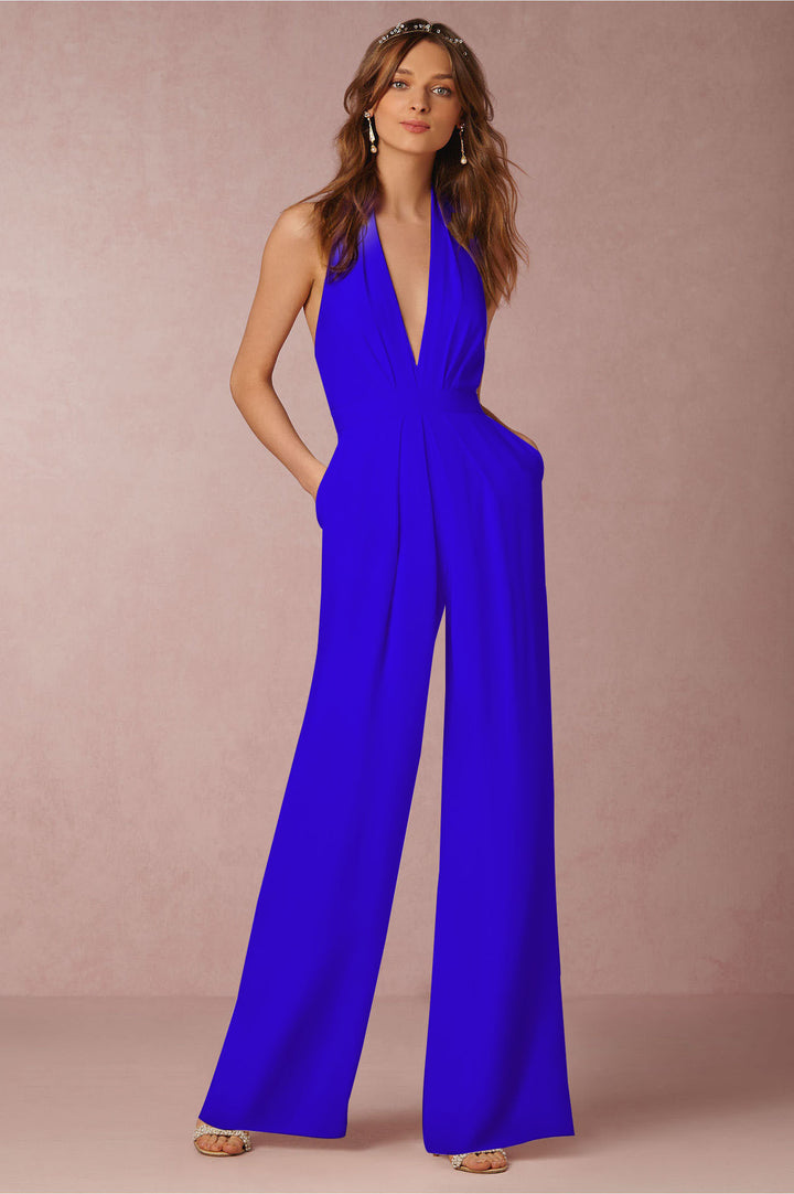 Ladies elegant jumpsuit with deep V-neckline and wide-leg silhouette Lisslune
