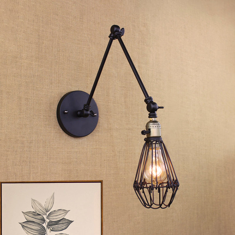 Skørter | Cast Iron Wire Cage Wall Mounted Light Farmhouse 1 Head Restaurant Arm Adjustable Wall Lamp in Bronze/Brass